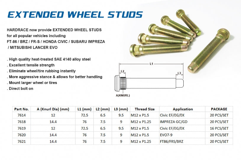 Hardrace 7619 | Extended Wheel Studs 16 pcs - 88-00 Civic / 90-01 Integra