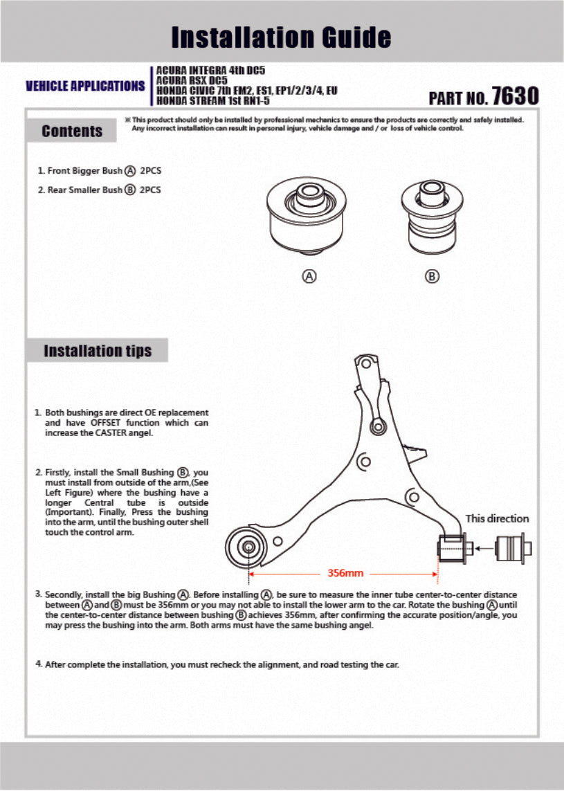 Front Lower Arm Bushings (Offset Function/Caster Increase) for RSX 02-06 | Civic 01-05 ES EP | Integra DC5/DC5 Type R | Stream RN1-5