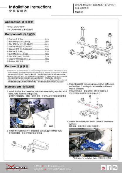 Brake master cylinder stopper V2. 2pc set for Honda Civic '96-00 for LHD models